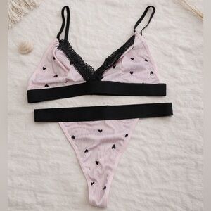 Brand New Pink Heart Lace Unpadded Bra & Thong Set with Black Trim Size M
